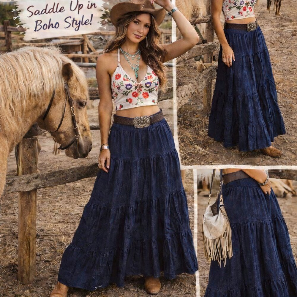 Vintage Kayo of California  L Tiered Denim Maxi Skirt Boho Prairie hippie USA